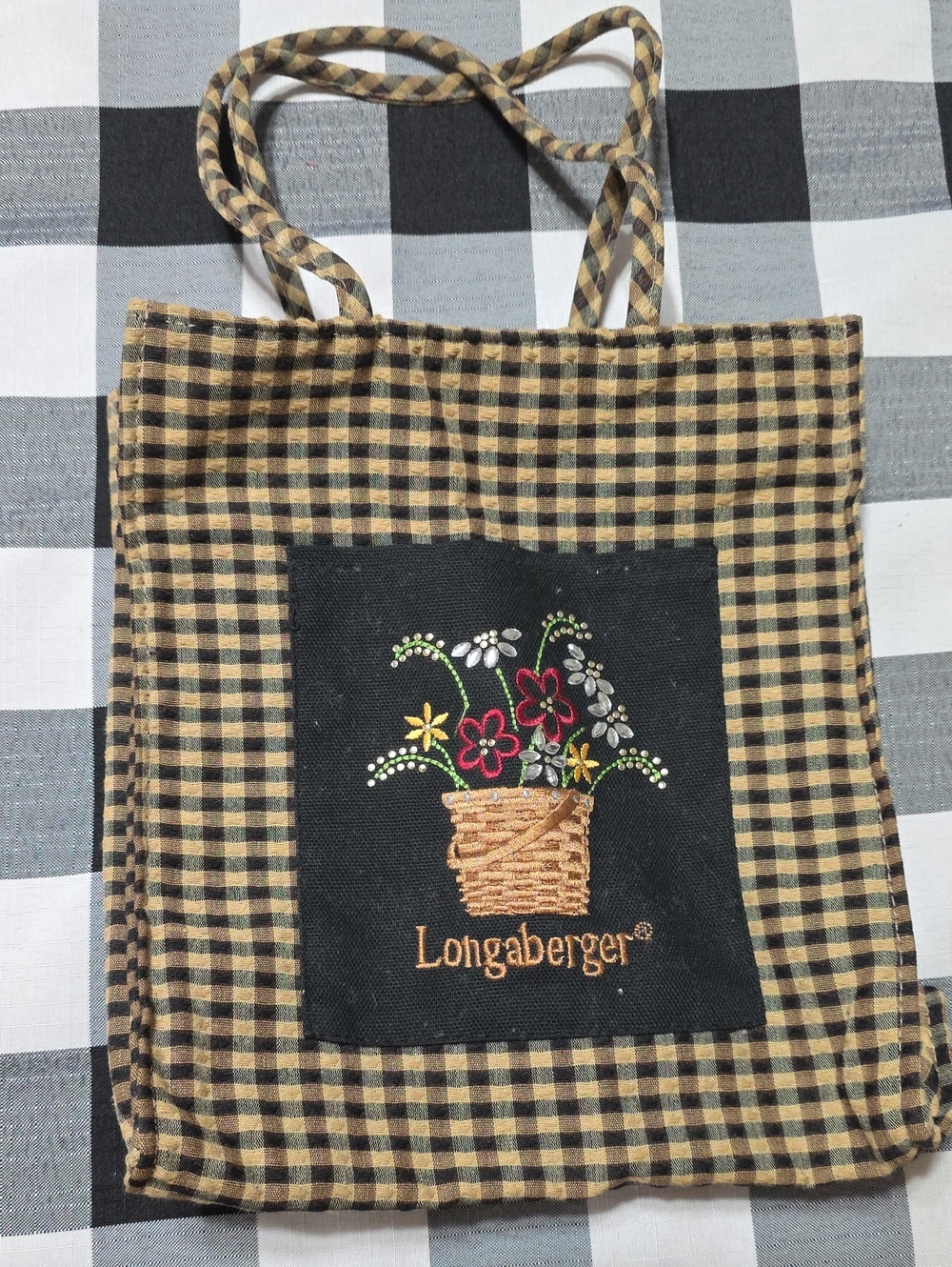 Longaberger Black and Brown Gingham Tote with Embroidered Floral Basket